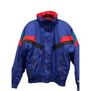 Vintage Men’s Medium FERA Ski Jacket Blue Red Accent Roll‑Up Hood Retro 80s 90s